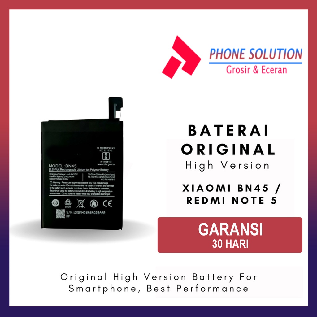 Baterai Xiaomi Redmi Note 5 / Baterai Xiaomi BN45 High Version // Supplier LCD Vivo - Garansi 1 Bulan