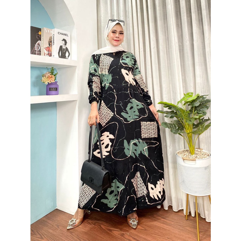 GAMIS RAYON MALAMAN MOTIF BLACK MAMBO RESLETING BUSUI BUMIL KEKINIAN DRESS WANITA SYARI VIRAL TERBARU