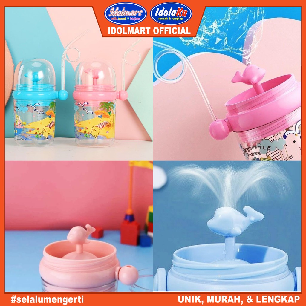 IDOLMART Botol Minum / Tempat Minum Anak Air Mancur Karakter Ikan Paus Sedotan 250ml Surabaya