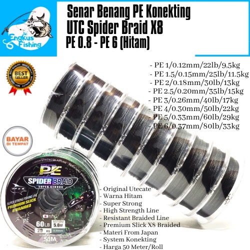 Senar Benang PE UTC Spider Braid X8 Braid (PE 0.8 - PE 6) 50M/Roll Konekting Super Strong - Engkus Fishing