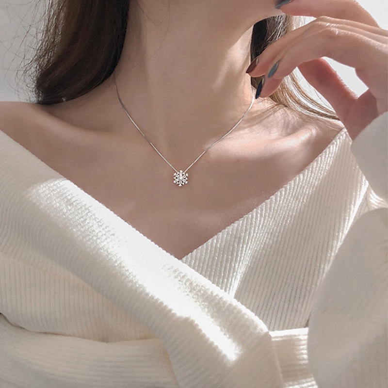Fancyqube Kalung Rantai Klavikula Bahan 925 Silver Dengan Liontin Snowflake Zircon Untuk Wanita