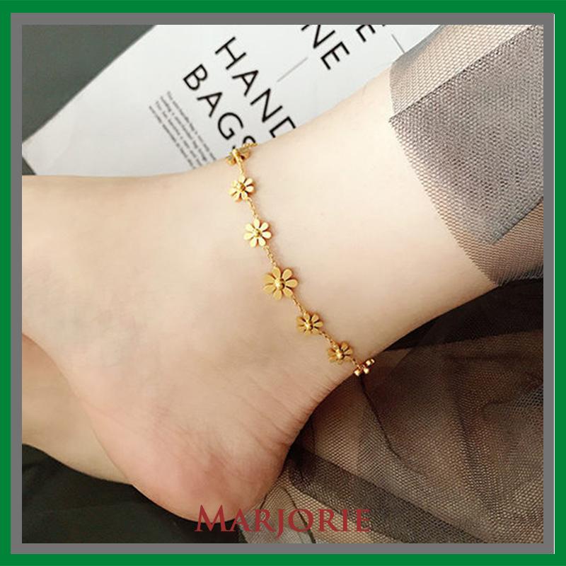 Gelang Kaki Titanium Anti Karat Daisy Bunga Kamelia Emas 18k Perhiasan Wanita Korea-MJD