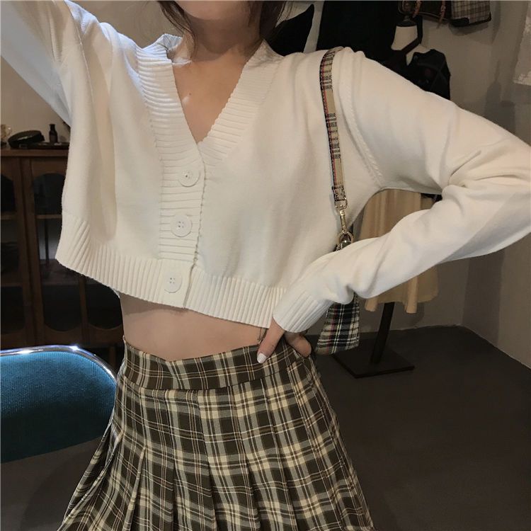 V-neck kardigan rajutan mantel pendek lengan panjang wanita 2022 musim semi dan musim gugur versi Korea baru dari atasan single-breasted pusar berpinggang tinggi