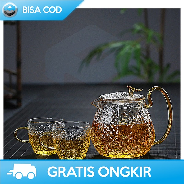 TEKO TEH SET TEA POT KACA 600ML CANGKIR 4 PCS TAHAN PANAS DESAIN MEWAH