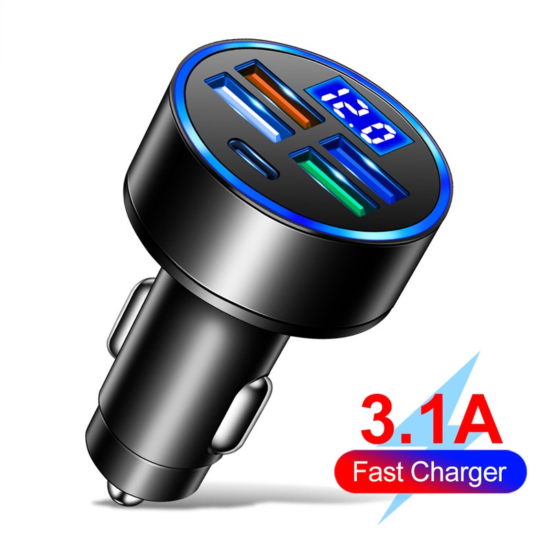 Adapter Charger Mobil 4 Port USB Tipe-C Fast Charging Bahan ABS Dengan Display Digital LED Untuk IPhone / Android