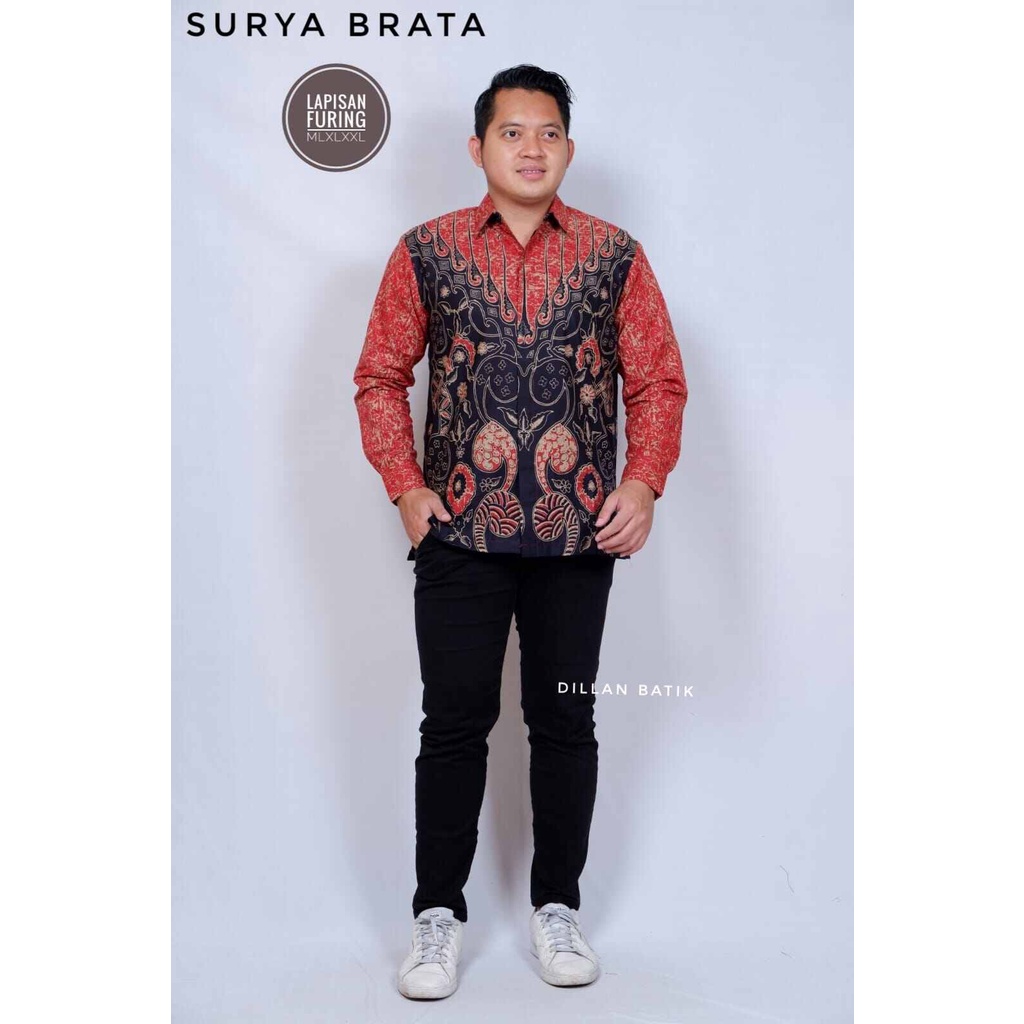 Kemeja batik warna merah lengan panjang bahan katun halus premium solo terbaru Full furing / baju batik mewah lengan panjang warna merah SURYA BRATA / baju batik untuk kondangan terbaru motif mewah / kemeja batik cowok premium merah