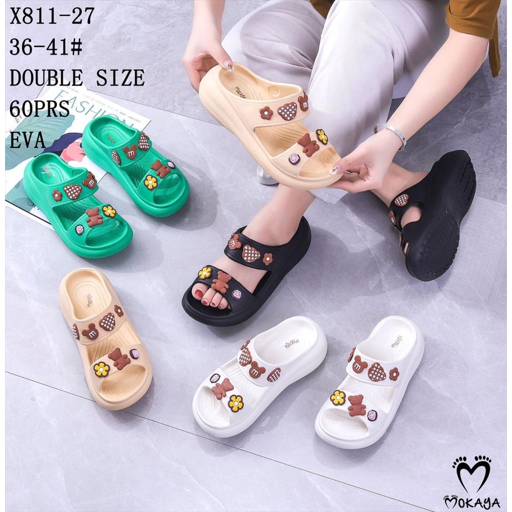 Sandal Slop Wedges Eva Wanita Ban 2 Mainan Jibbitz Brown Bear Cookies &amp; Blink Permata Bear Super Cantik Keren Lucu Trendy Import Mokaya / Size 36-41 (X811-27/X811-271)