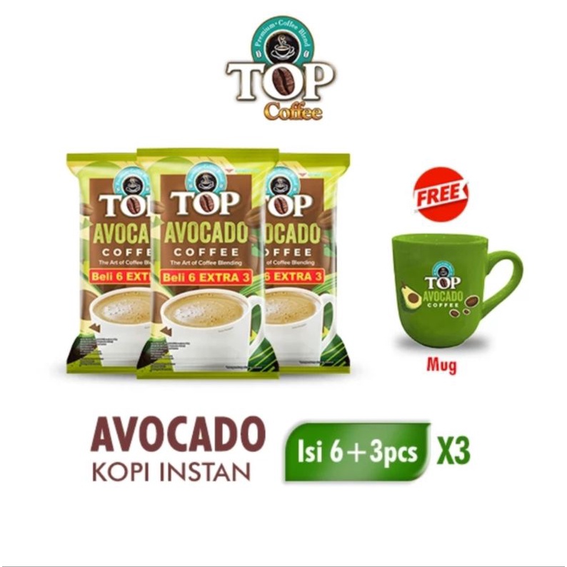 Top Coffee avocado renceng isi 9 sachet tiap beli 3 pack free mug syantik