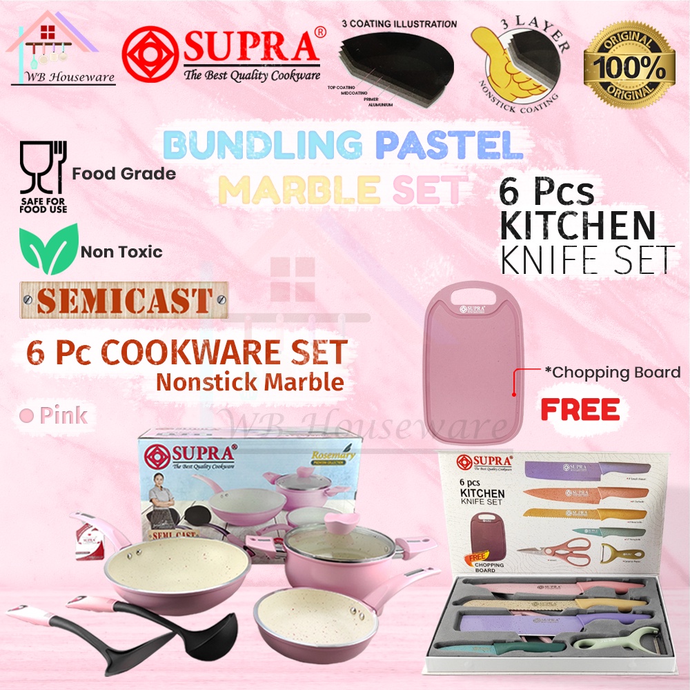 Supra 6pcs pastel white marble pink  + 6pcs knife set stainless + cutting board / 12pcs cookware set
