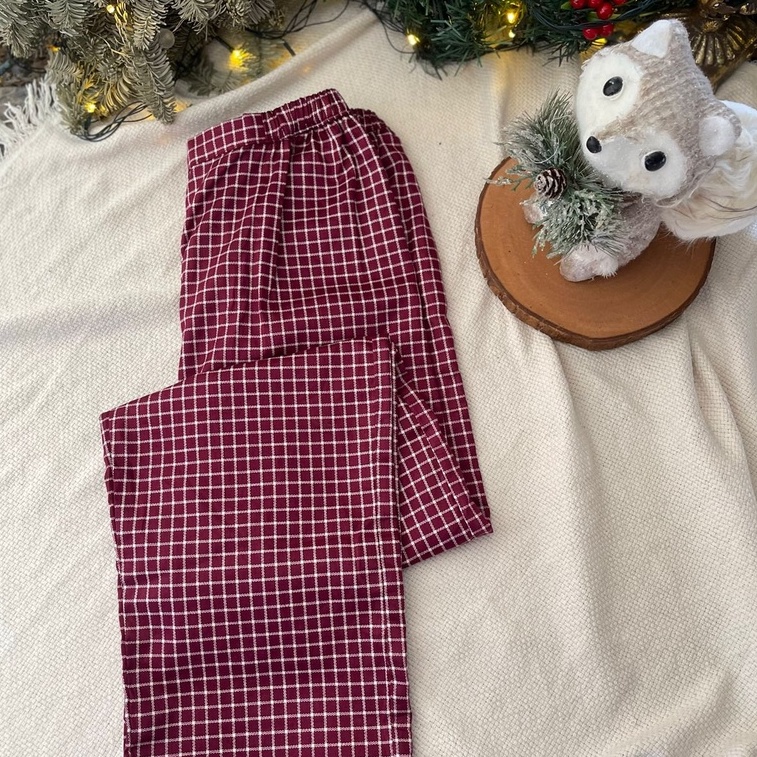 Po Mimi & Milo Christmas Maroon Plaid cotton pajamas pants celana tidur piyama