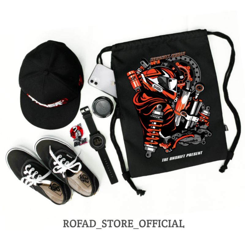 ROFAD STORE Tas serut Pria/wanita - Drawstring Bag Olah raga - Tas serut sekolah warna hitam metal - tas serut bahan canvas premium