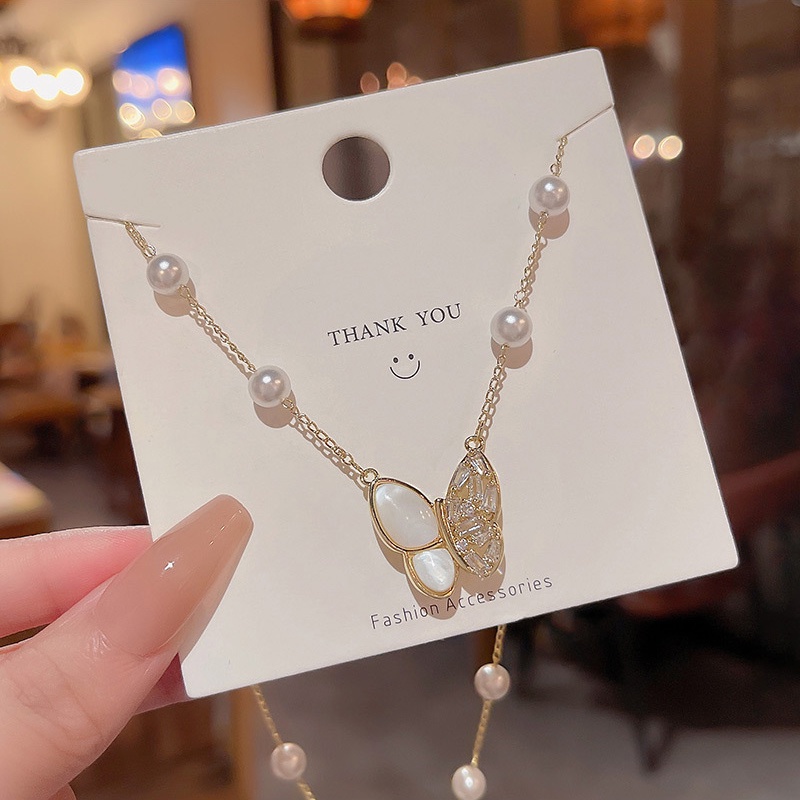 Kalung Rantai Panjang Dengan Liontin Kupu-Kupu Aksen Mutiara + Batu Zircon Mewah Untuk Wanita