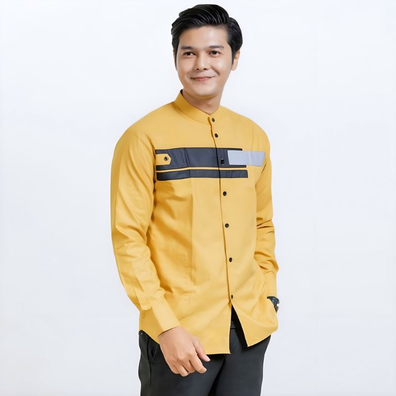 Asakhi Collection Baju Koko Pria Hadroh Kombinasi Motif Yordan Lengan Panjang Warna Kuning