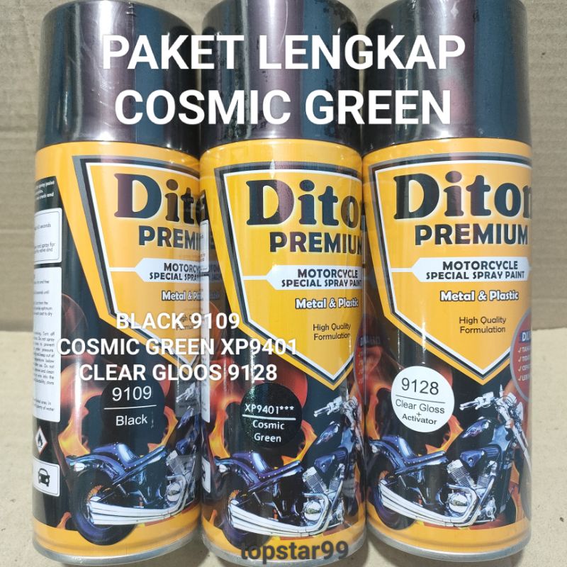 Pilok Cat Diton Premium Paket Lengkap 3 Kaleng Cosmic Green XP9401 Xirallic Xiralic Hijau Black 9109 Clear Gloss 9128 400cc Pilok Paketan Cat Semprot Special Spray Paint