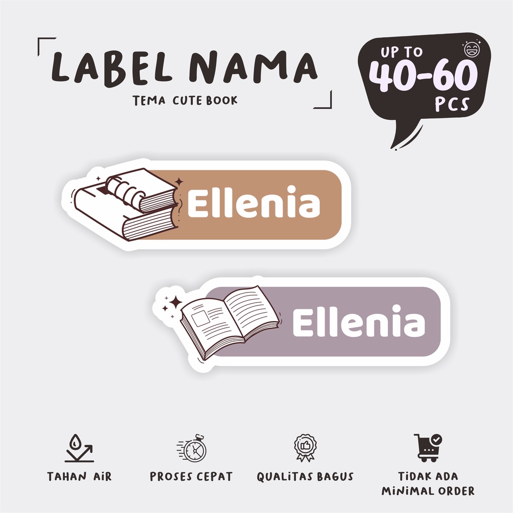 

(40 - 60 pcs) lucu cetak stiker nama tema CUTE BOOK/murah/cetak stiker anti air/label nama