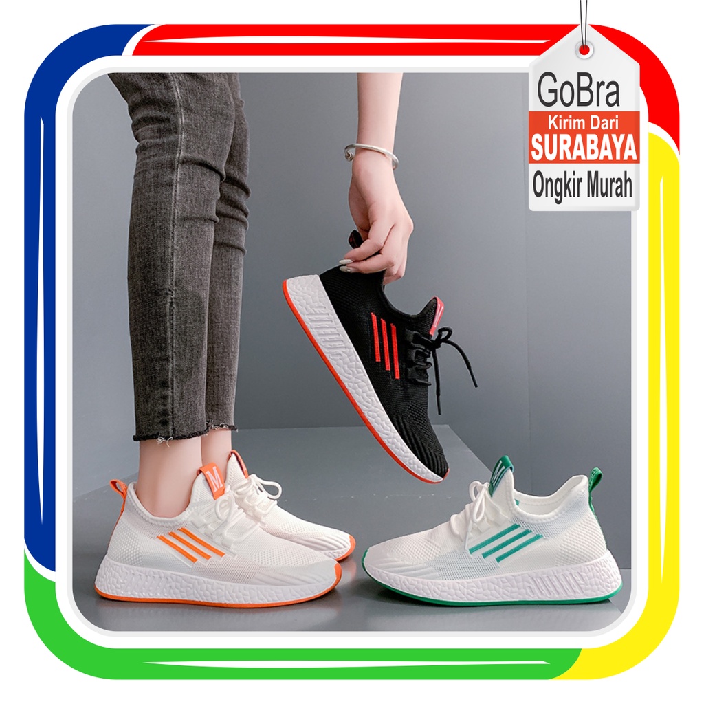 Gobra ♕ SEP016 (Tanpa Kotak) Sepatu Sneakers Wanita Motif M Ada 3Garis Ungu Sporty Model Korea Fashion Casual Sport Olahraga Import