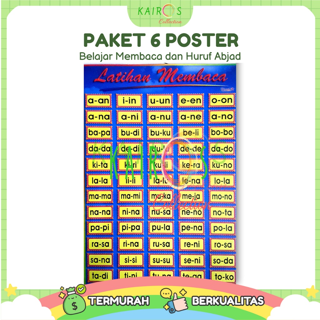 Poster Edukasi Anak Belajar Membaca dan Huruf Abjad Paket Isi 6 Pcs