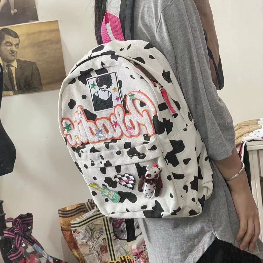 ✽♂№Asli Y2K Milenial Cute Kitty Ransel Merah Muda Sapi Garis Sekolah Niche Zipper Ransel Kasual