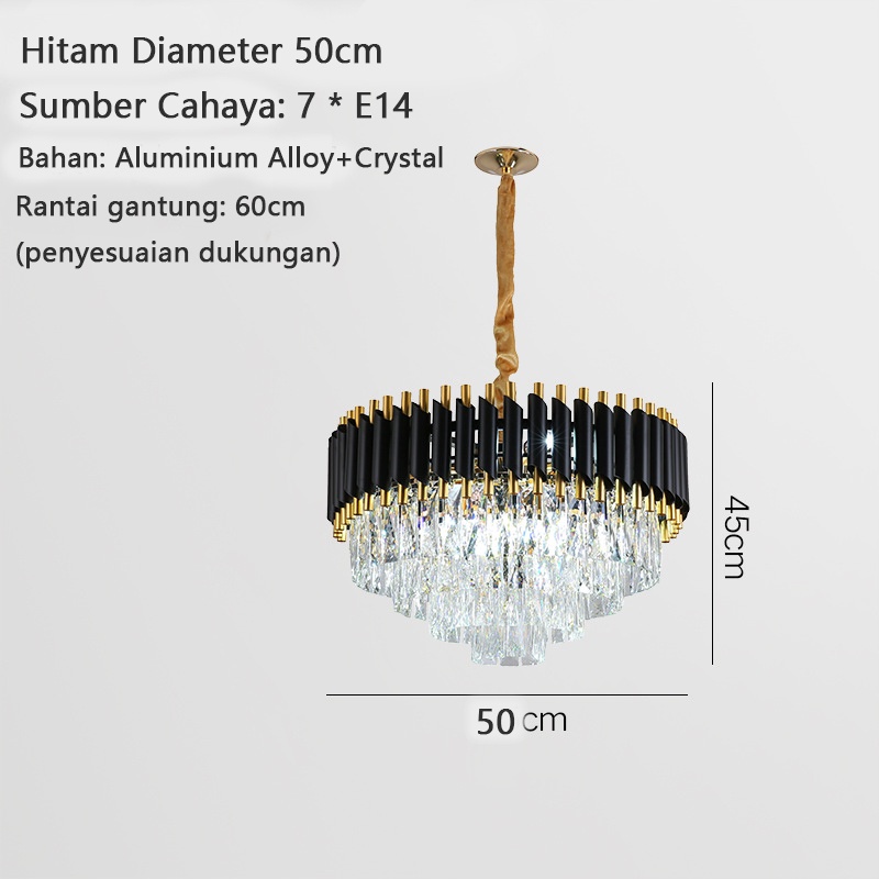 ⭐Garansi⭐Lampu Gantung 50cm Kristal Chandelier Mewah Gold/Black Crystal Chandelier Gaya Nordik Minimalis Modern Lampu Ruang Tamu Hias Gantung