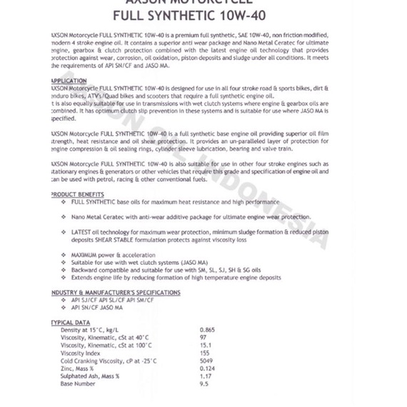 Axson Fully Synthetic Motorcycle Oil 10W-40