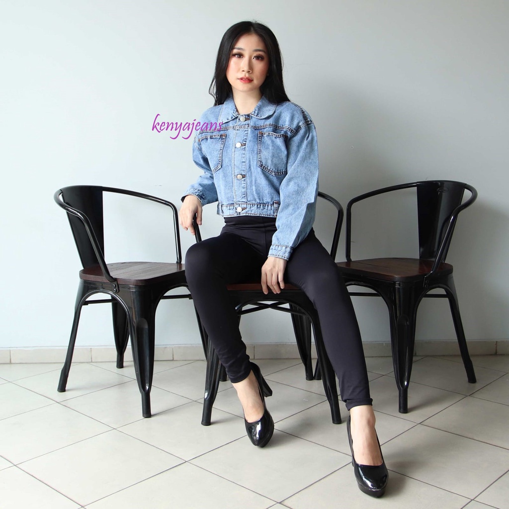 7C-G JAKET CROP JEANS PREMIUM ~ JAKET DENIM ~ ALLSIZE ~ SNOW BIRU ~ KANTONG DEPAN BELAKANG