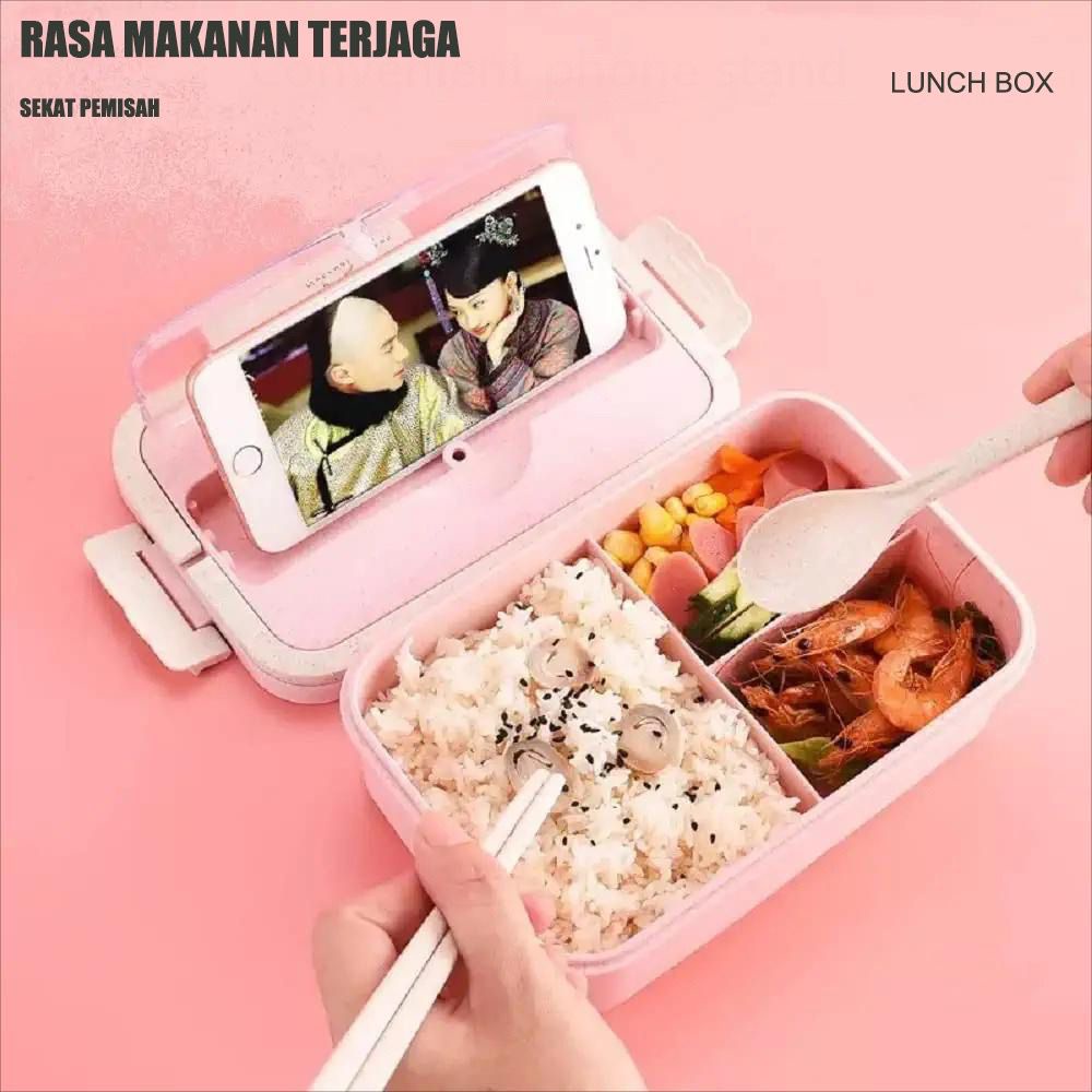 Kotak Tempat Makan Bahan Jerami Gandum Lunch Box Dengan Sendok Garpu Travelling Lunch Box Set Jerami