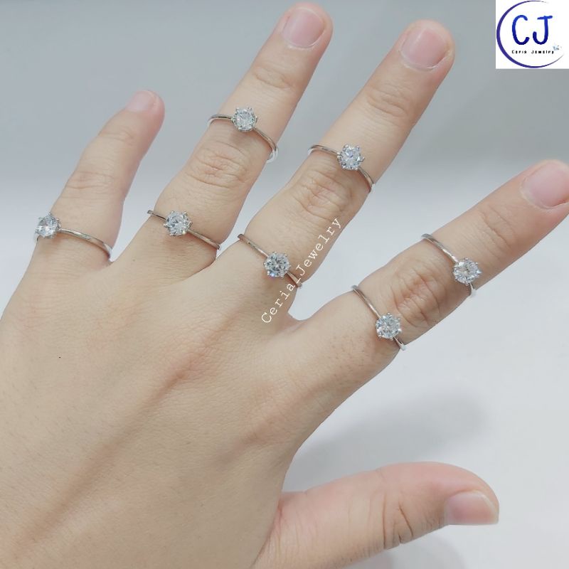 Cincin Perak Asli Silver Wanita 925 Lapis Emas Putih Model Desi , Soliter Permata - Perhiasan Perak Asli Silver