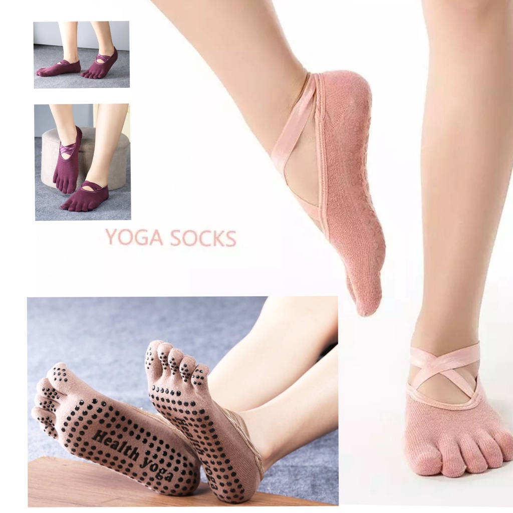 Kaos Kaki Yoga Anti Licin Dengan 5 Jari Tertutup  Tali Silang  Kaos Kaki Pilates Woman Gym Yoga Socks Anti Slip  With Grips Non Slip