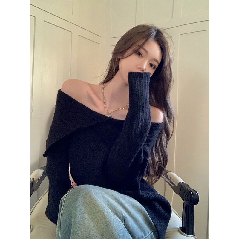 Suhao retro one-shoulder rajutan sweater wanita 2022 musim gugur dan musim dingin versi Korea baru longgar bagian dalam desain sweater lengan panjang top