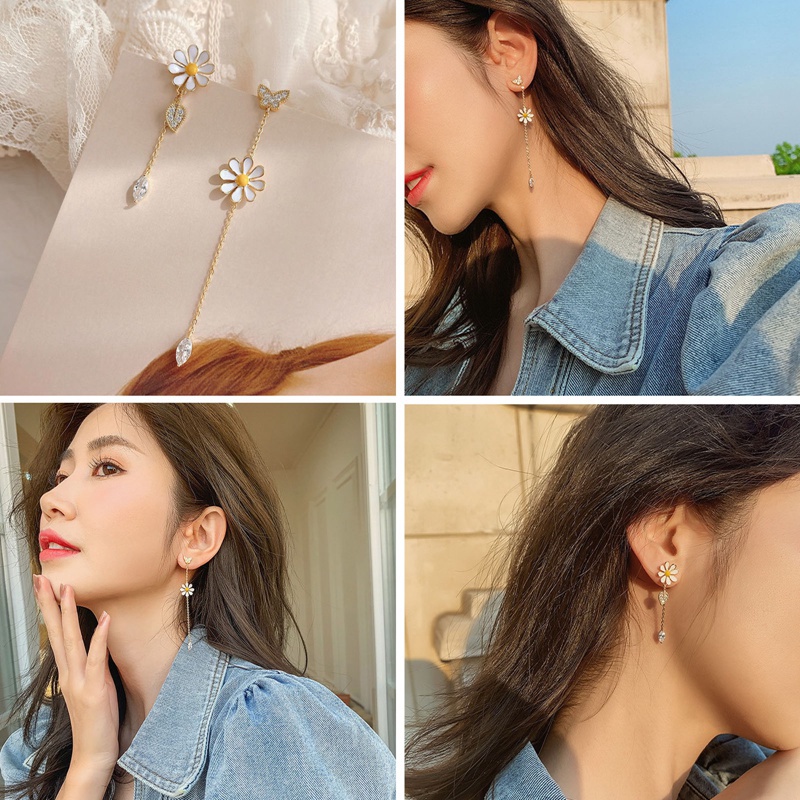 Fancyqube Anting Zircon Bentuk Bunga Daisy Kupu-Kupu Daun Asimetris Gaya Korea Untuk Wanita