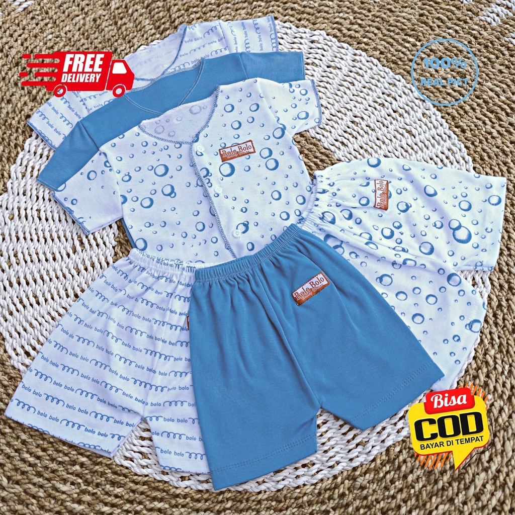 SALE 7.7 Serian Biru - 3 Stel Setelan Baju Bayi Tangan Pendek Celana Pendek Bayi 0 sd 3 Bulan BLUE SEA SERIES merk SNI Bolo - Bolo