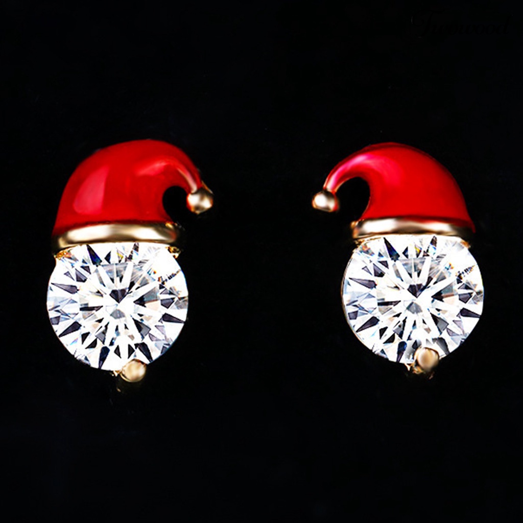 1 Pasang Anting Stud Cubic Zirconia Bentuk Topi Natal Warna Merah Untuk Wanita