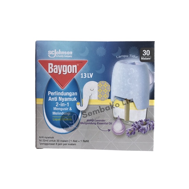 Baygon Liquid Electric Lavender Starter Pack 22 ml (Dengan Alat) / Baygon Liquid Elektrik 13LV Isi 22ml 30 Malam 1 Alat dan 1 Refill