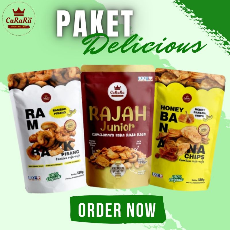 

Carara paket Delicious isi 3pcs uk 120g Rambak Pisang, Rajah Junior, Honey Banana Chips