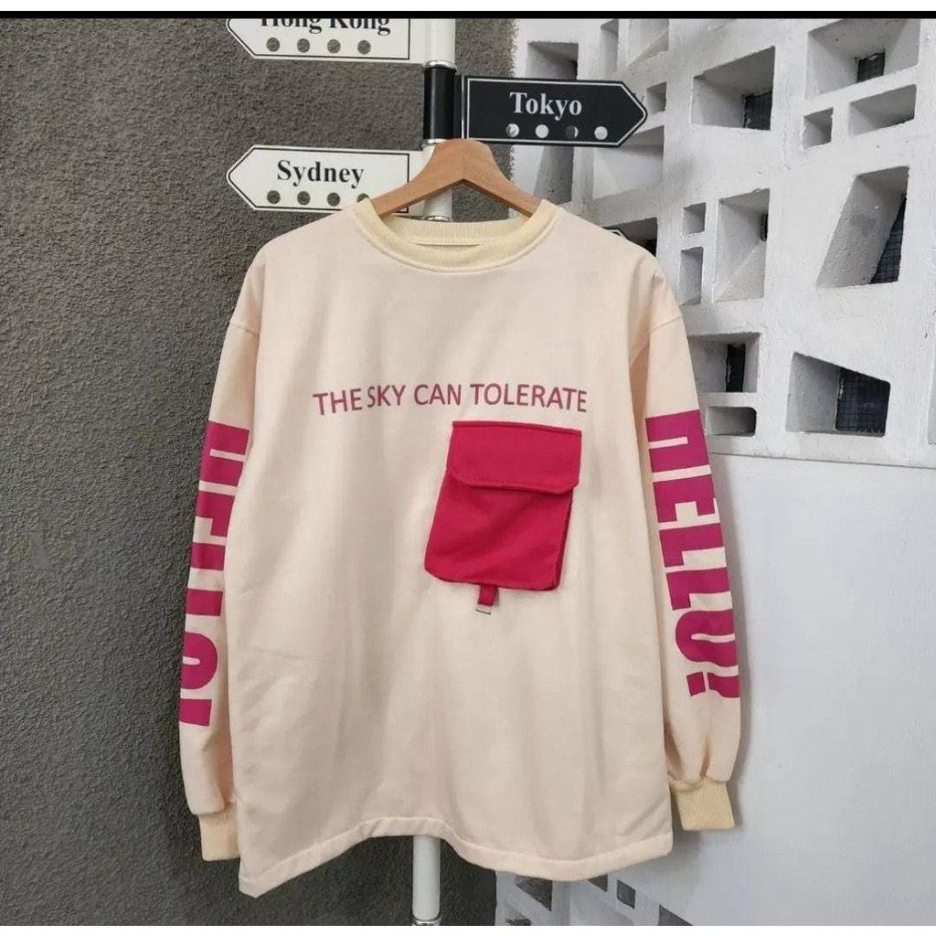 HELLO POCKY PINK OVERSIZE SWEATER CREWNECK WANITA