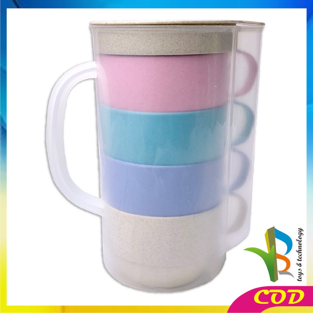 RB-C457 Teko Air Set Cangkir Gelas Wadah Plastik 4IN1 Ceret Air Dingin Wheat Straw Food Grade BPA Free