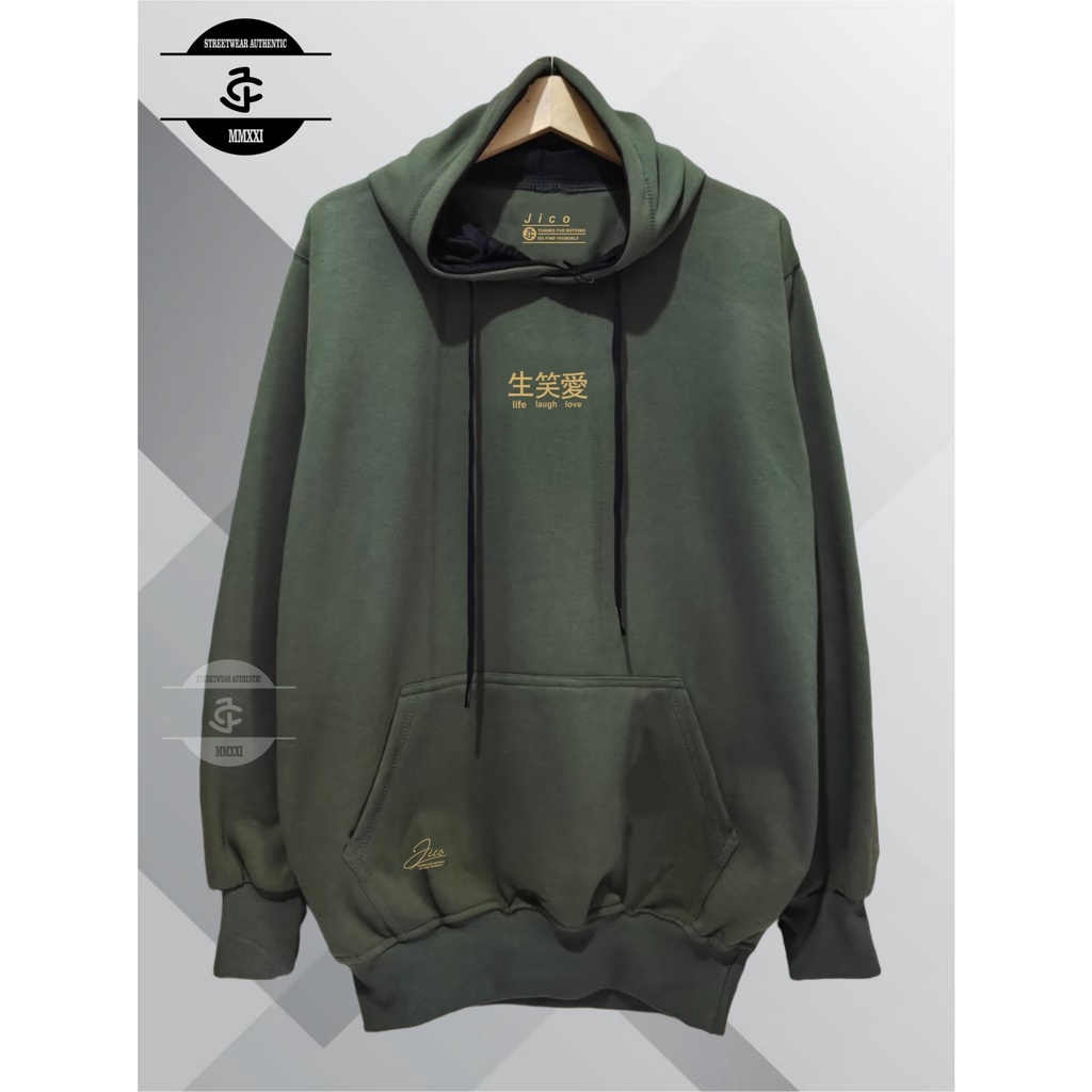 Jaket Hoodie Pria Wanita COD Aesthetic List Life Laugh Love Original JICO Brand Distro Kota Bandung Terbaru Terpopuler Dan Terlaris Oversize Unisex Warna Hijau Army