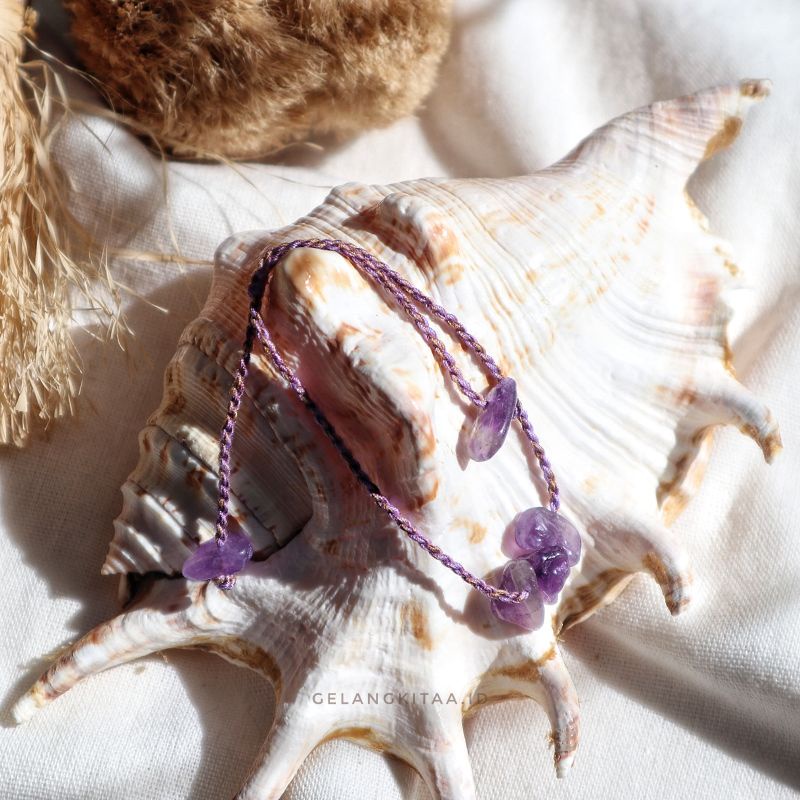 Gelang Batu Amethyst - Gelang Tali Manik Batu Alam Aestethic Model Tali Ulir Serut Gelang Wanita