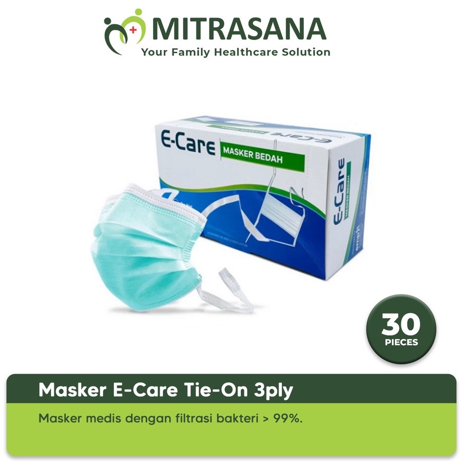 Masker E-Care Surgical Mask 3 Ply Tie On Isi 30 Pcs