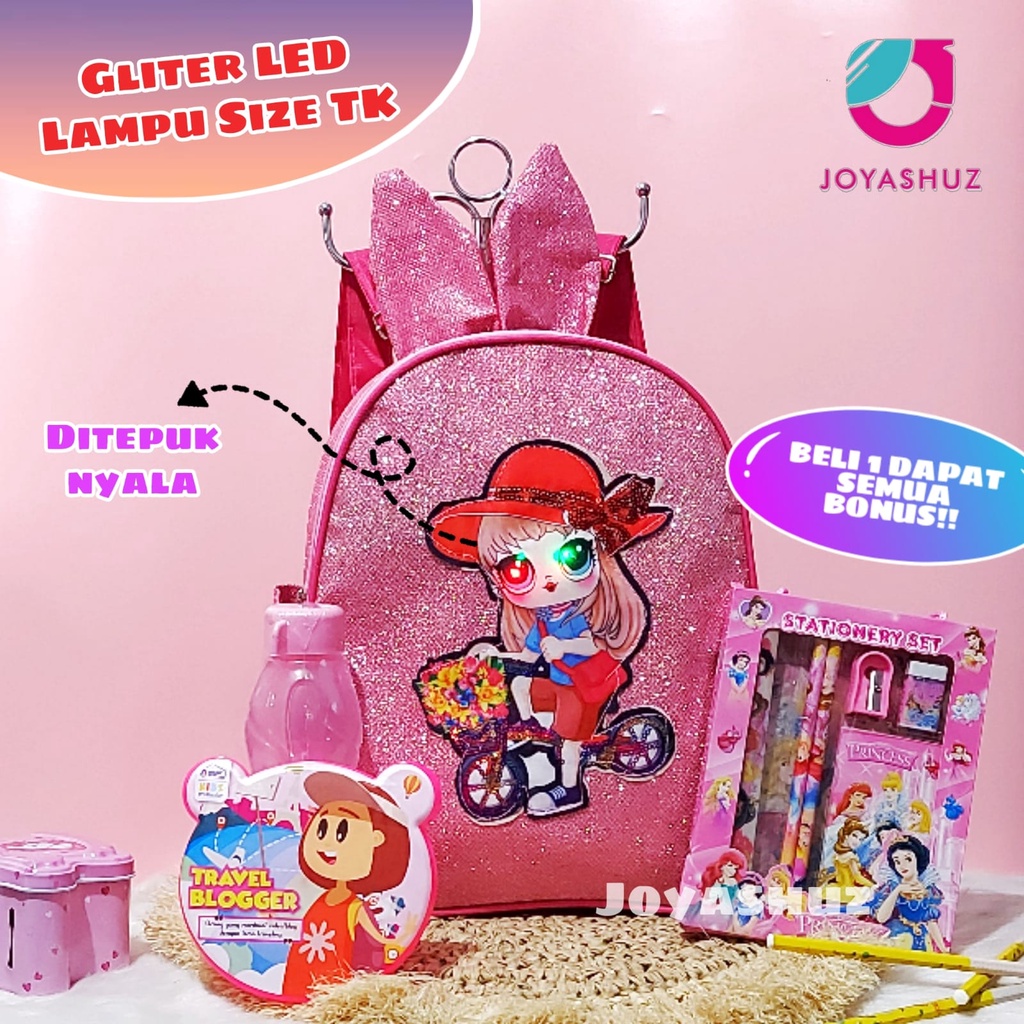 Ransel Anak Sekolah Perempuan LED - Tas LOL Gliter Anak Perempuan Berbonus  - Ransel Lol Anak - Tas Anak TK -  Ransel Nyala -  Tas Sekolah Anak Perempuan Lol Gliter Gratis Bonus - LOL Gliter Telinga  - Tas Anak Karakter Lucu - Joyashuz