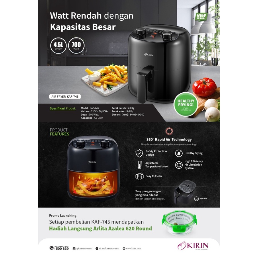 Kirin Air Fryer KAF-745 Penggorengan Tanpa Minyak 4.5 Liter