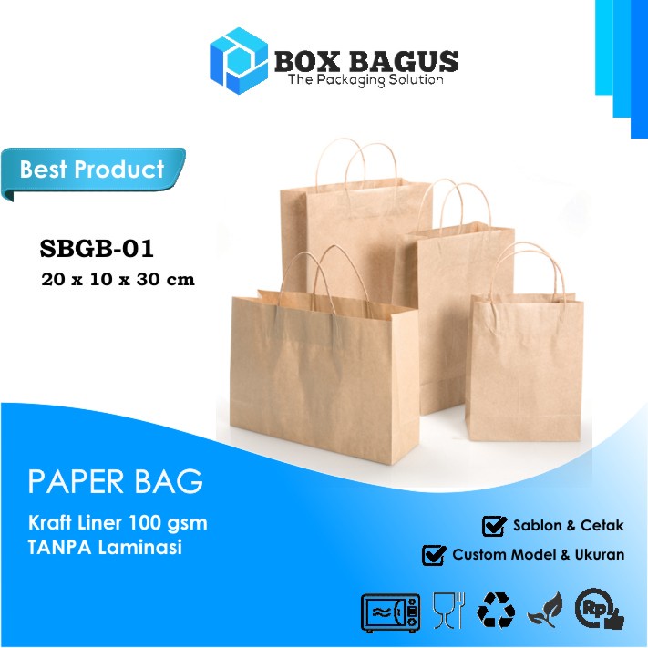 SHOPPING BAG 20x10x30 KRAFT 100 GSM - GOODIE GIFT PAPER KANTONG KERTAS TAS SOUVENIR BOX KUE