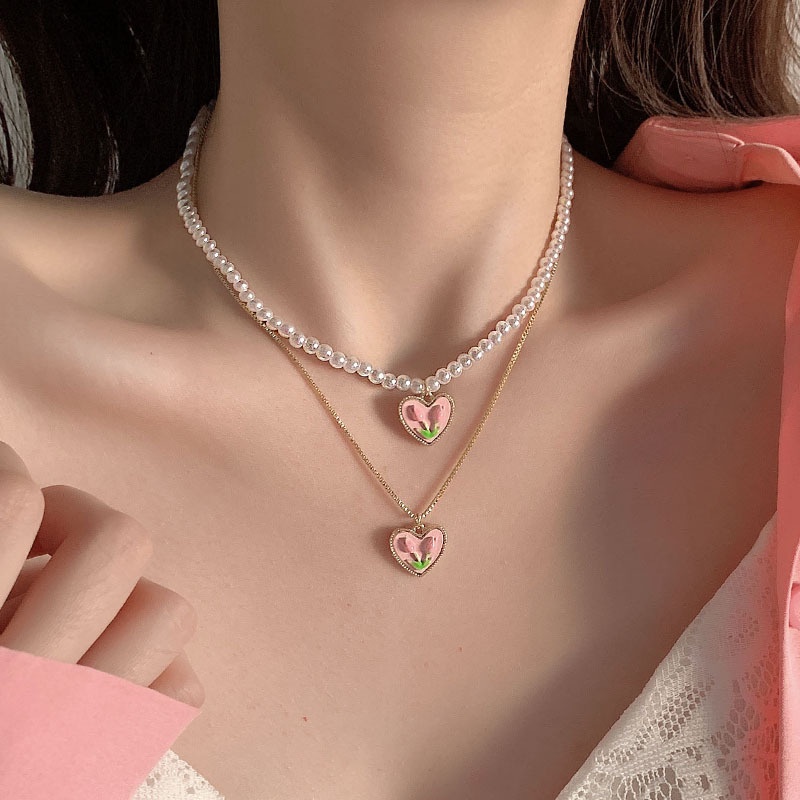 2pcs / Set Kalung Liontin Tulip Warna Pink Gaya Korea Untuk Wanita