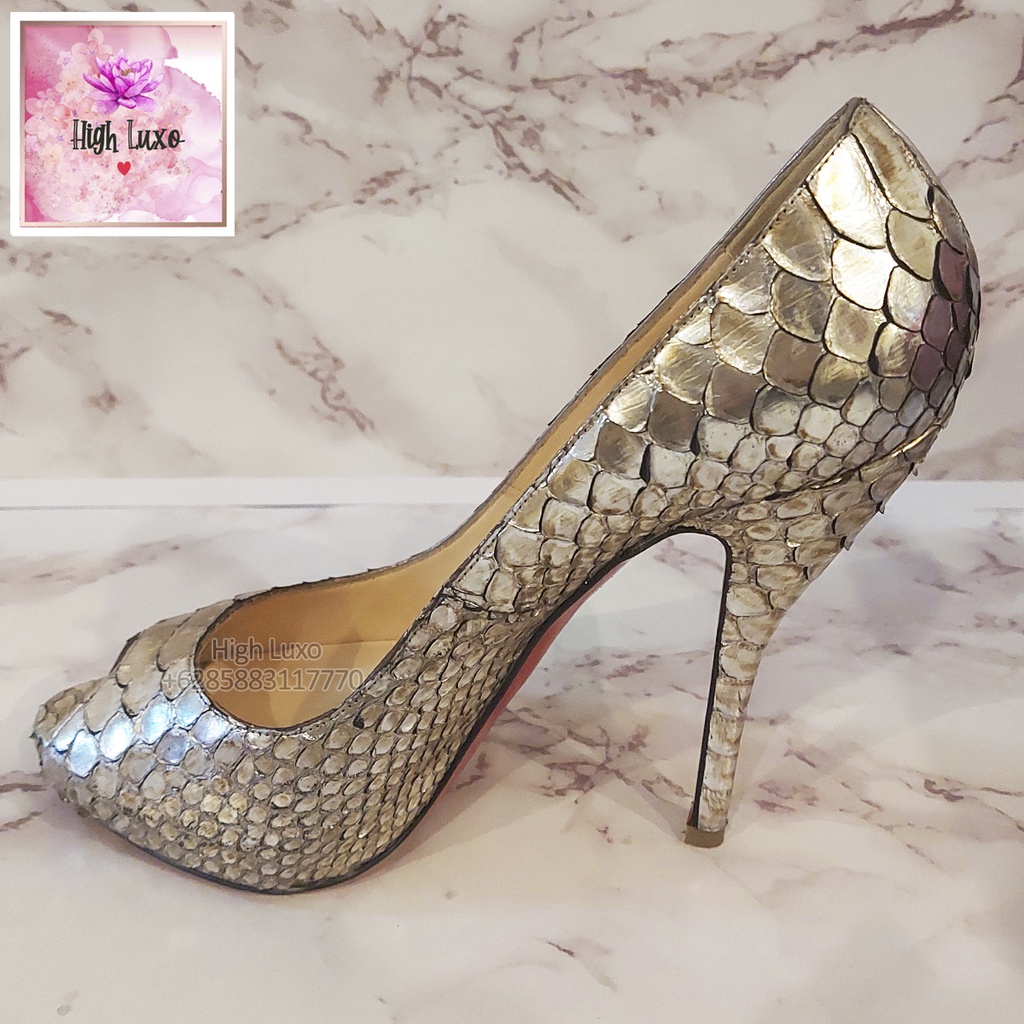 Christian Louboutin TiTi Python Size 37.5 Cosmo Silver High Heels Open Toe Snake 120mm Kulit Ular OR