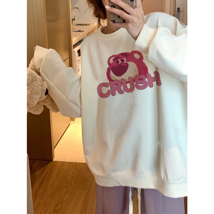 EUNII Sweater Lengan Panjang Cute Strawberry Bear Korean Style/Hoodie Oversize/Baju Wanita/Switer Wanita