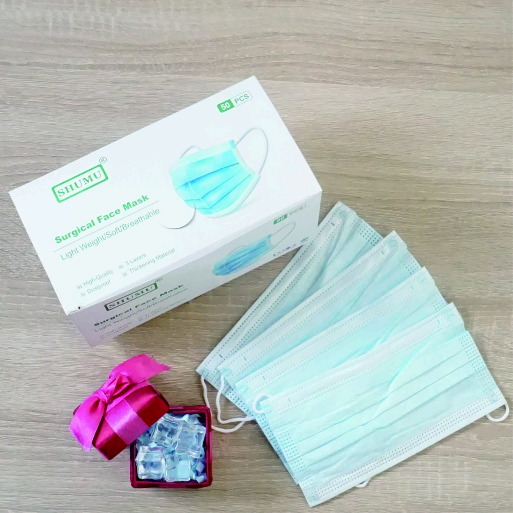 MASKER HIJAB HEADLOOP BIRU SHUMU 50PCS 3PLY