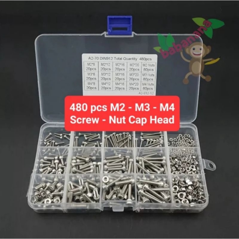 480pcs Screw Nut M3 M3 M4 Baut Mur Steel besi set cap head