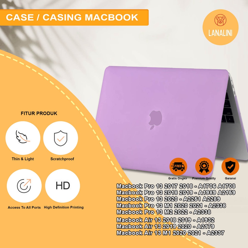 Case Casing Protective Pelindung Laptop Macbook Air Pro 13 M1 M2 2017 2018 2019 2020 2021 A1932 A2179 A2337 A1706 A1708 A1989 A2159 A2251 A2289 A2338 Gambar Motif Polos Warna Ungu Kombinasi Motif Lucu Hardcase Murah