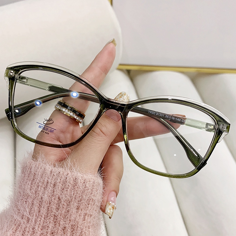 Tr90 Kacamata Cat Eye Lensa Flat Anti Sinar Biru Frame Metal Gaya Retro