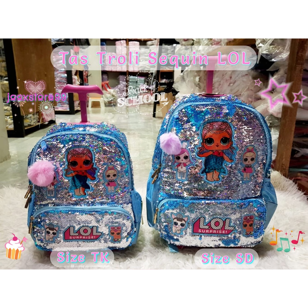 Tas Sekolah Troli Anak SD dan TK Motif Unicorn dan LOL Tas Trolley Dorong Sequin Usap Anak Perempuan Tas import